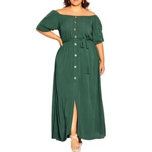 City Chic Green Button Front Off Shoulder Maxi Dress Plus Size 18